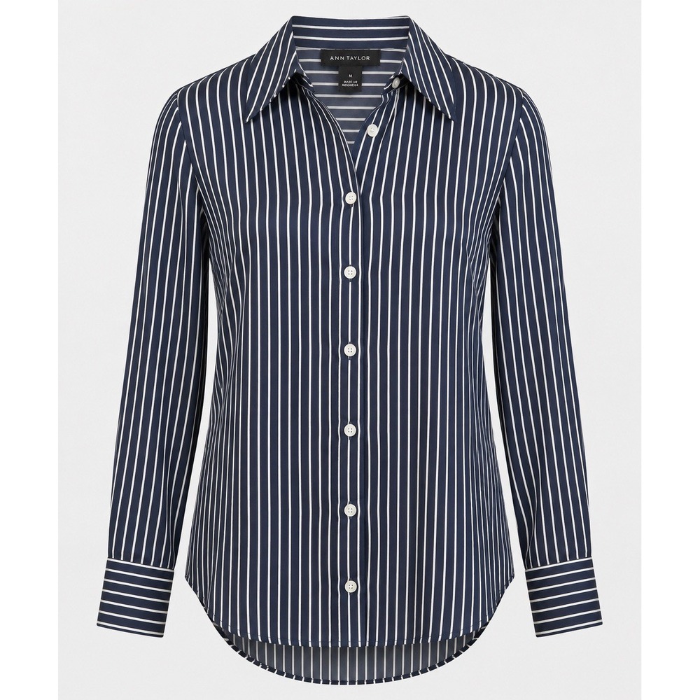 Ann Taylor Relaxed Perfect Shirt M Navy White Stripe Modal Button Down $98